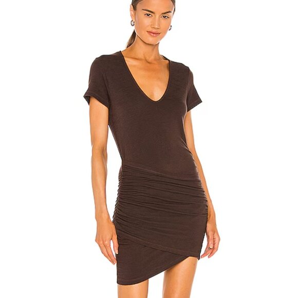 MONROW Supersoft Front Wrap Dress in Cocoa Brown Asymmetrical size M Ruched - Picture 3 of 13